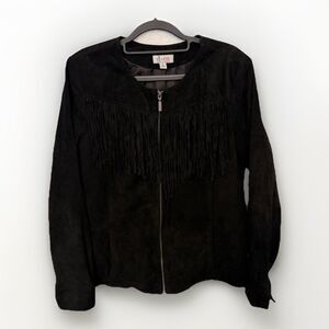 Denim & Co Women's Medium Boho Jacket Rodeo Western Biker Fringe Suede Zip Black